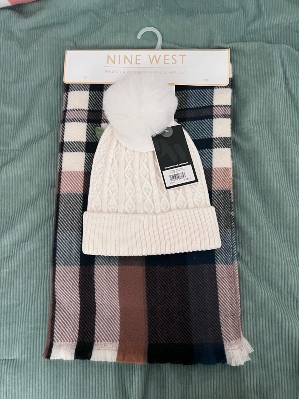 Nine West Ivory Knit Pom Beanie and Plaid Scarf Set